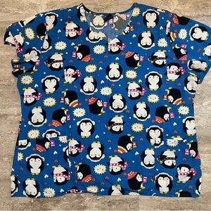 Zoe and Chloe womens scrub top size 2XL penguins winter theme
